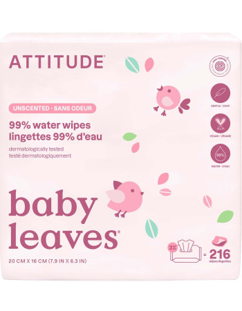 ATTITUDE Baby Leaves 99% Water Baby Wipes 72 kpl