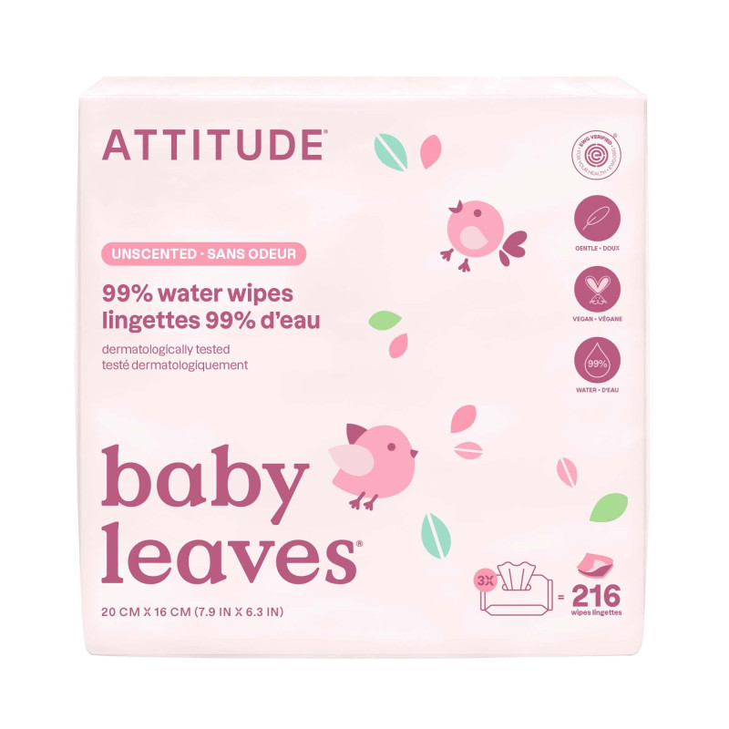 ATTITUDE Baby Leaves 99% Water Baby Wipes 72 kpl