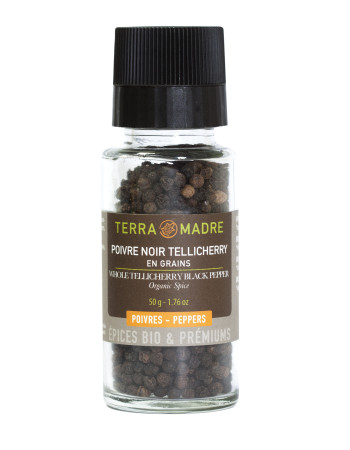 Terra Madre Luomu kokonainen Tellicherry Mustapippuri 50g pippurimyllyssä