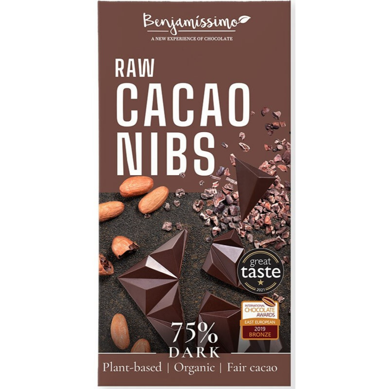 Tumma suklaa 75 %, kaakaonibs 60 g, Benjamissimo