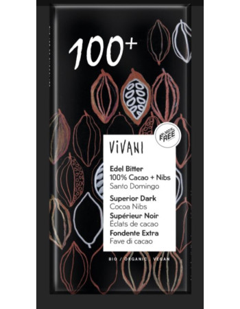 Vivani 100% Cacao + Nibs Superior tumma suklaa 80g 