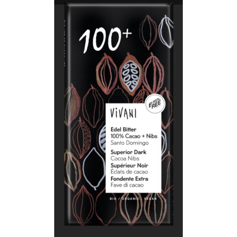 Vivani 100% Cacao + Nibs Superior tumma suklaa 80g 