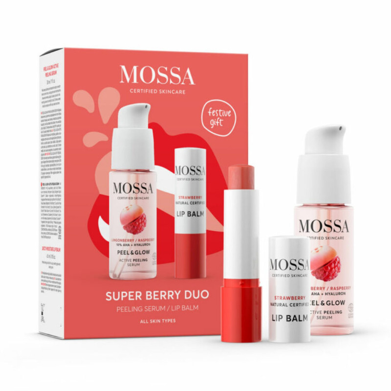 Mossa Berry Kiss kuoriva seerumi ja mansikka huulivoide lahjapakkaus
