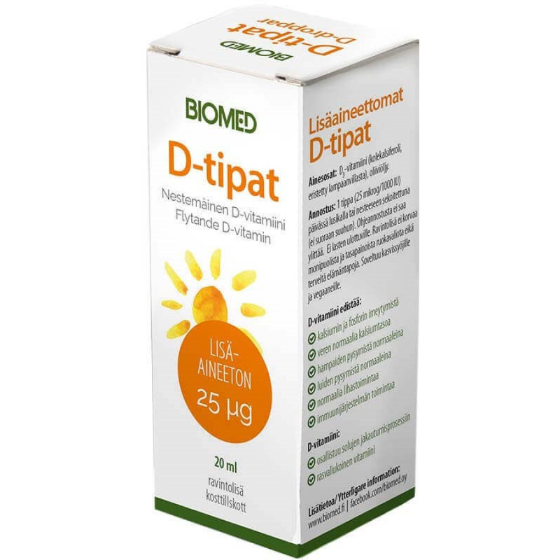 Biomed D-tipat 25ug D3 + oliiviöljy lisäaineeton 20ml 