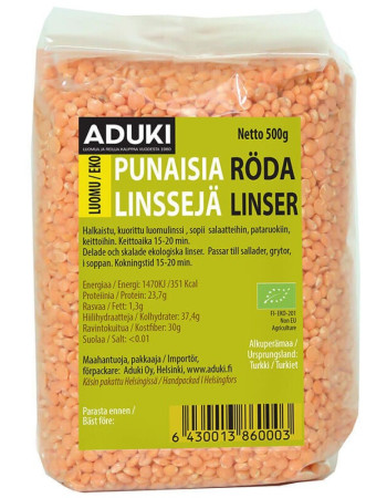 Aduki Punainen linssi halkaistu, kuorittu luomu 500g