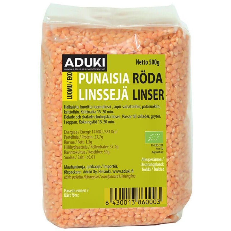 Aduki Punainen linssi halkaistu, kuorittu luomu 500g
