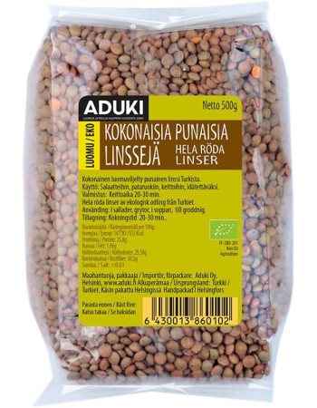 Aduki Punainen linssi, kokonainen 500g aka ruskea linssi