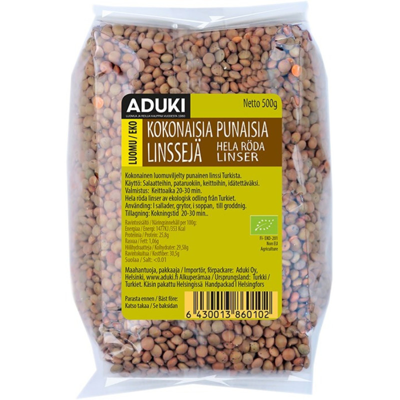 Aduki Punainen linssi, kokonainen 500g aka ruskea linssi