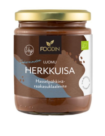 Foodin Herkkuisa sokeroimaton 230g hasselpähkkinä-raakasuklaalevite 