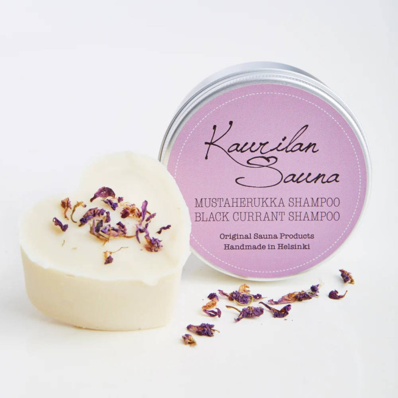 KAURILAN SAUNA Mustaherukka-palashampoo (shampoopala metallirasiassa), 90 g